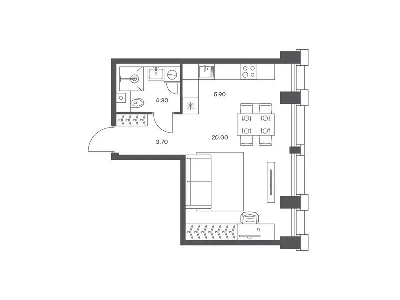 Планировка: Студия 33.90 м² в новостройке Инджой
