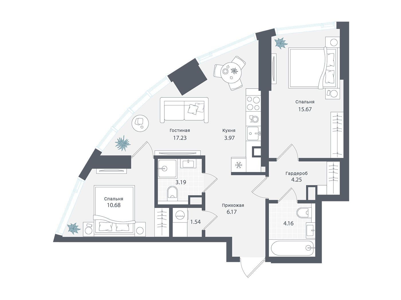 Планировка: 2-комн. квартира 68.22 м² в новостройке Солос