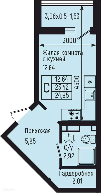 Планировка: Студия 24.95 м² в новостройке Ботаника Хилс