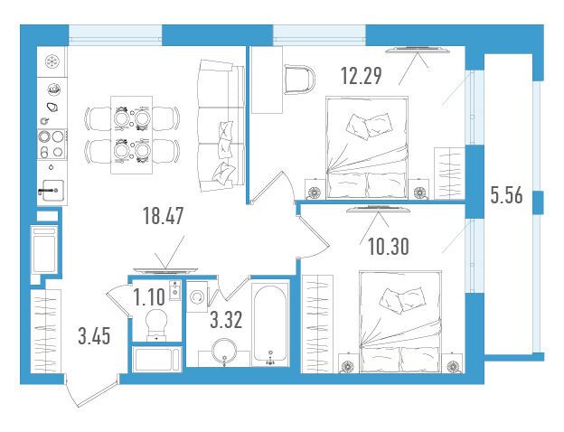 Планировка: 2-комн. квартира 50.60 м² в новостройке Старлайт
