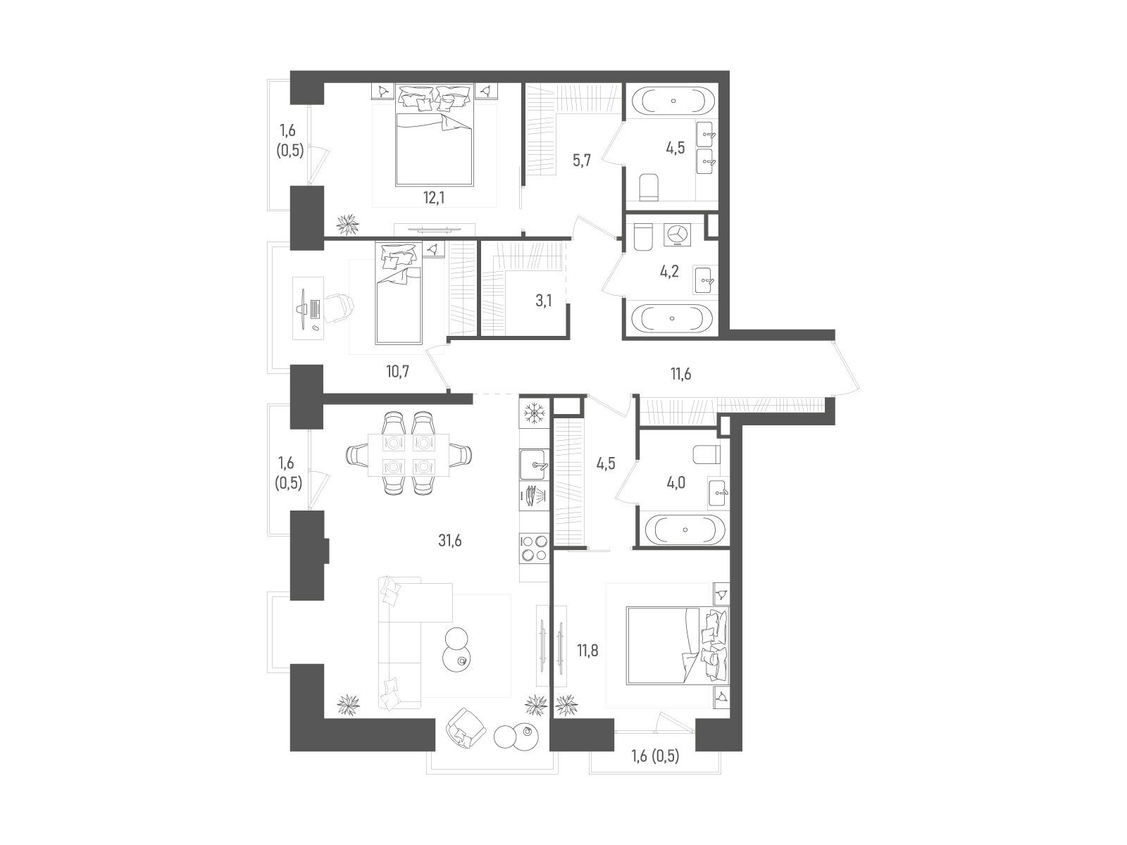 Планировка: 3-комн. квартира 105.30 м² в новостройке Татум