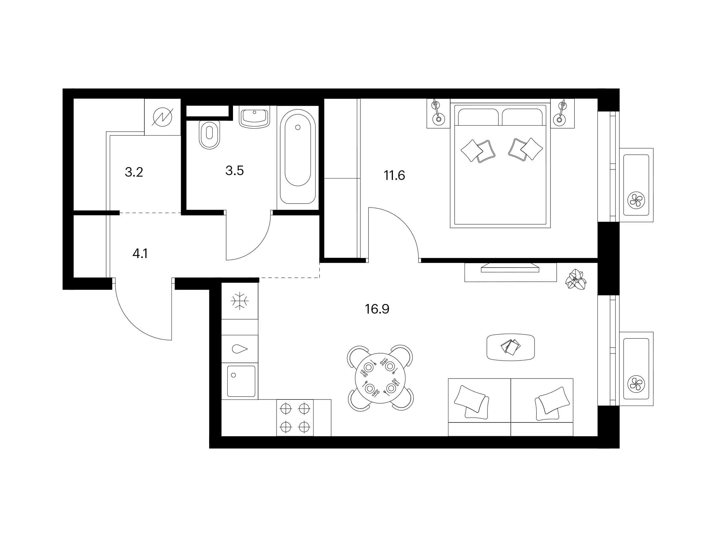 Планировка: 1-комн. квартира 39.30 м² в новостройке Люблинский парк