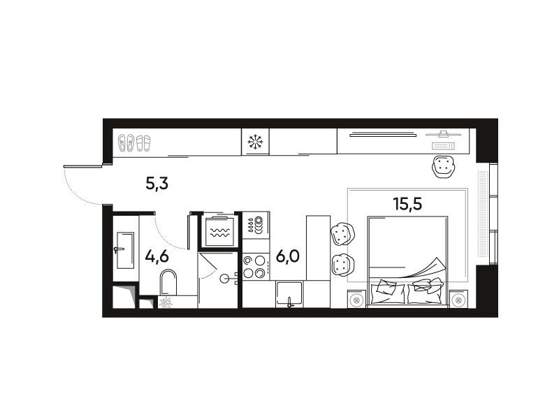 Планировка: 1-комн. квартира 32.10 м² в новостройке Прайд