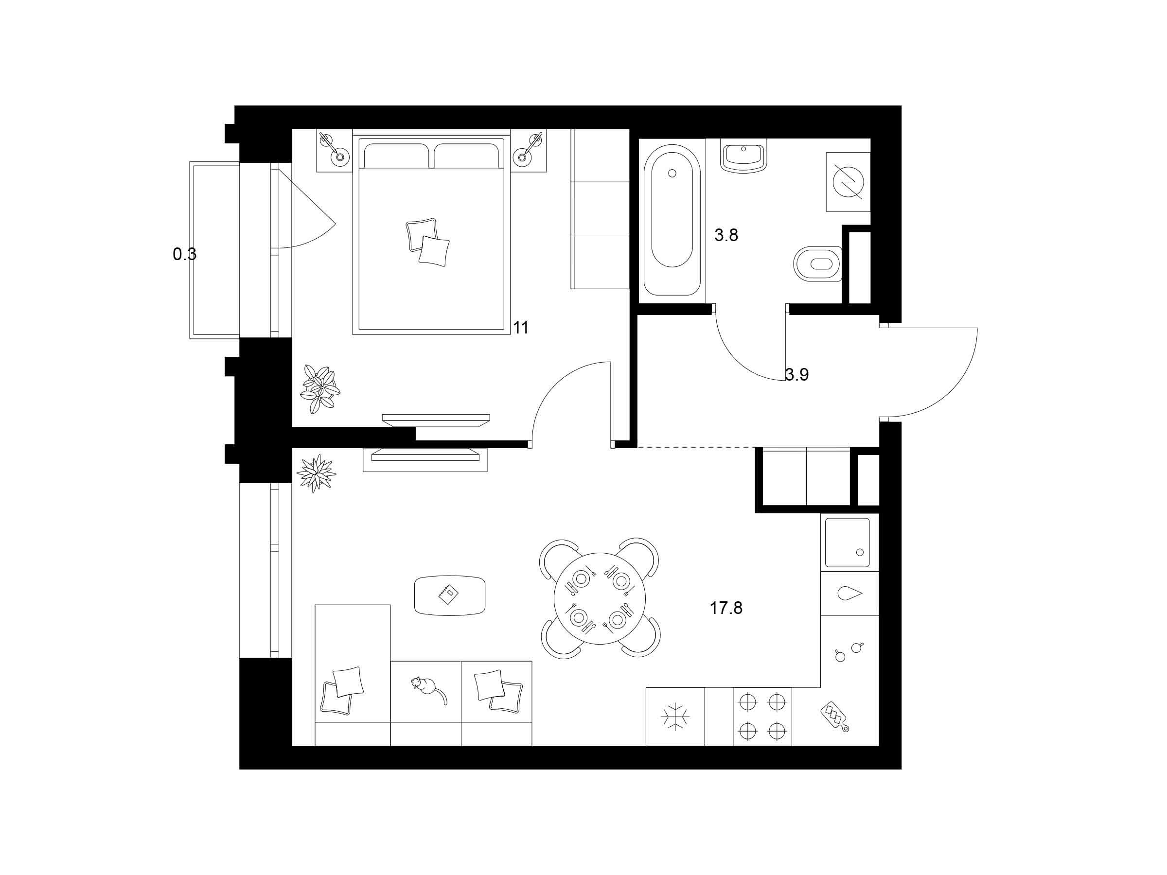 Планировка: 1-комн. квартира 36.80 м² в новостройке Середневский лес