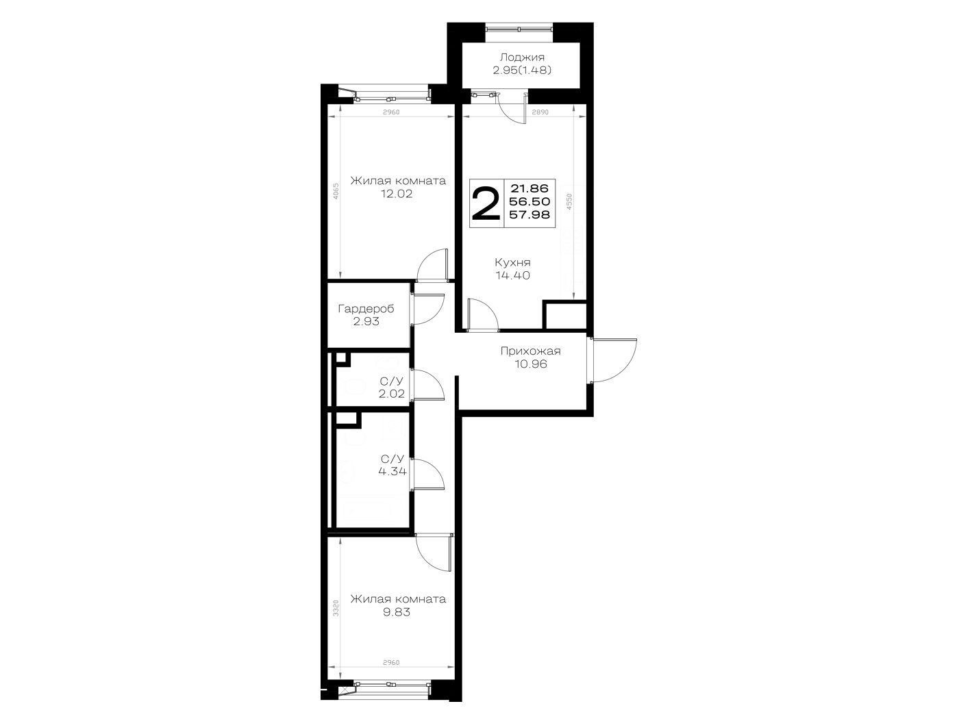 Планировка: 2-комн. квартира 57.98 м² в новостройке Борский
