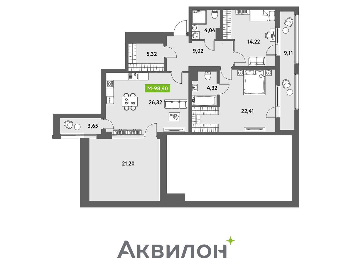 Планировка: 3-комн. квартира 91.50 м² в новостройке Аквилон Лив