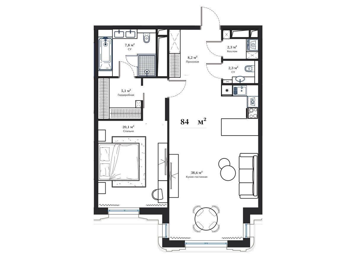 Планировка: 2-комн. квартира 84.00 м² в новостройке Дом Франка