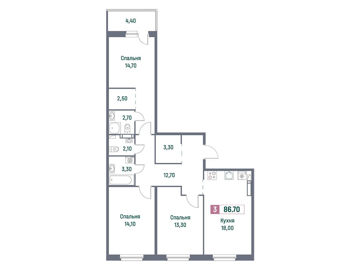 Планировка: 3-комн. квартира 86.70 м² в новостройке Фотограф