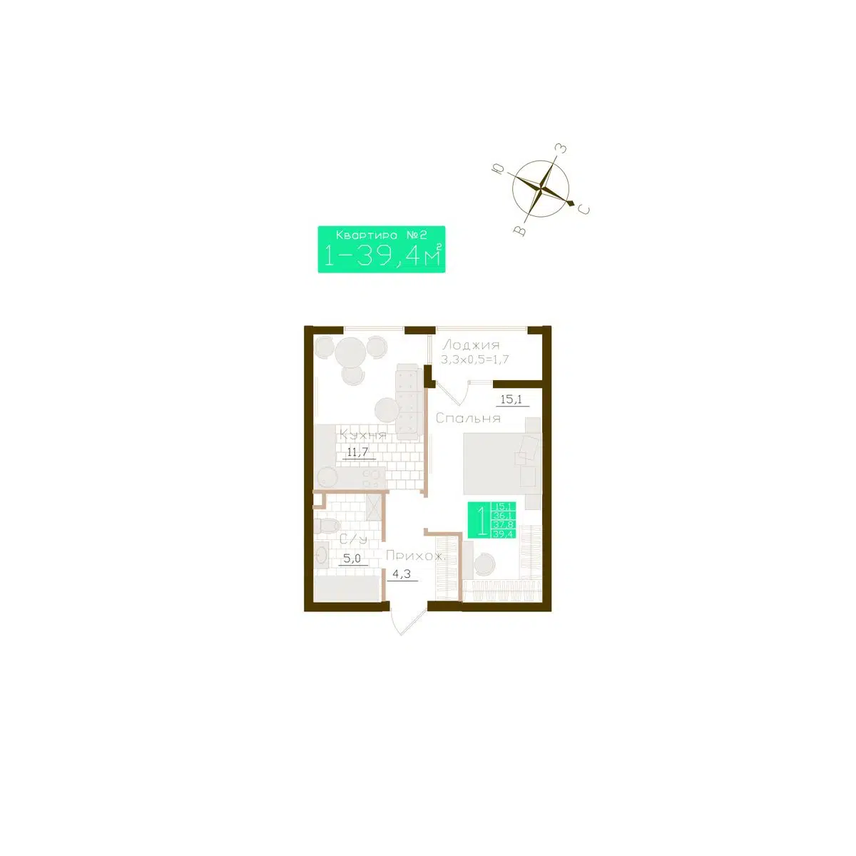 Планировка: 1-комн. квартира 37.80 м² в новостройке Молодежное
