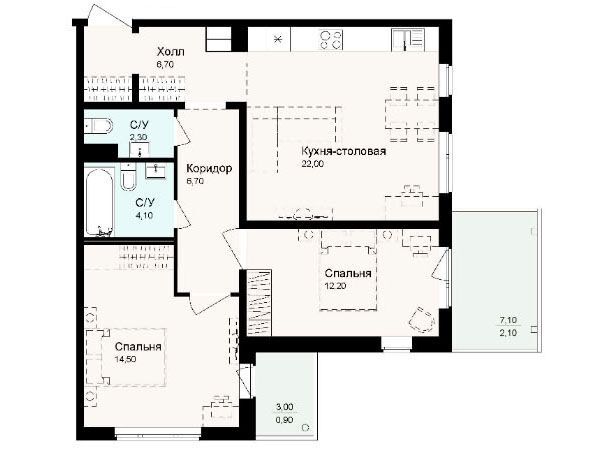 Планировка: 3-комн. квартира 71.60 м² в новостройке Новая Дубровка