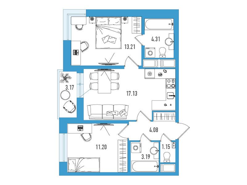 Планировка: 2-комн. квартира 55.86 м² в новостройке Искра Сити