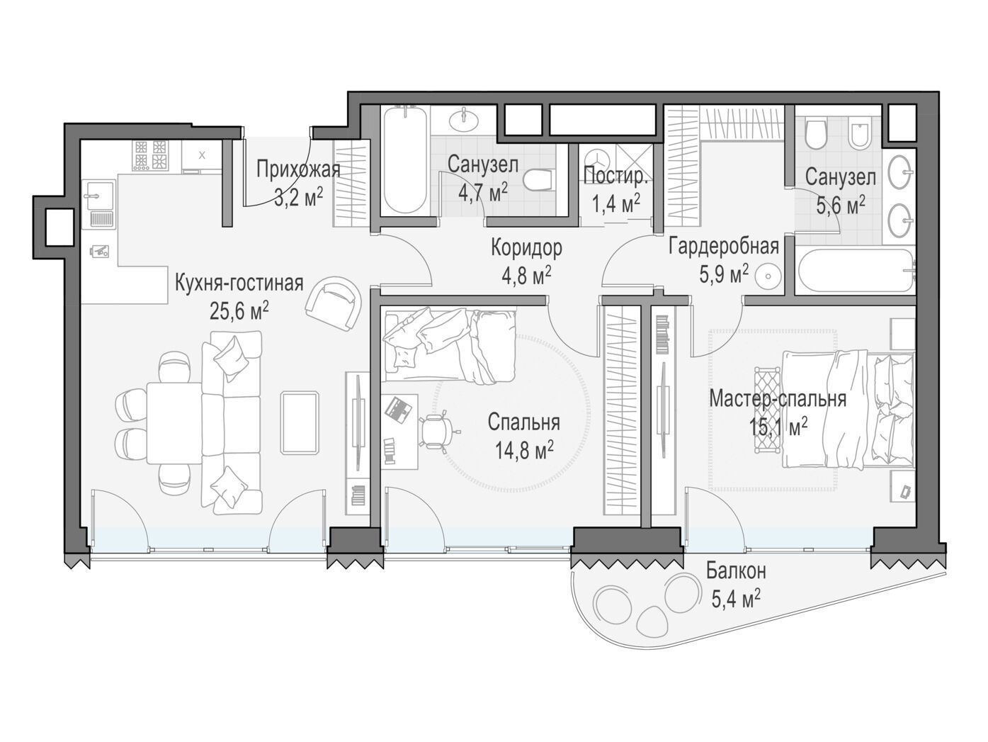 Планировка: 2-комн. квартира 85.90 м² в новостройке Дом Лаврушинский