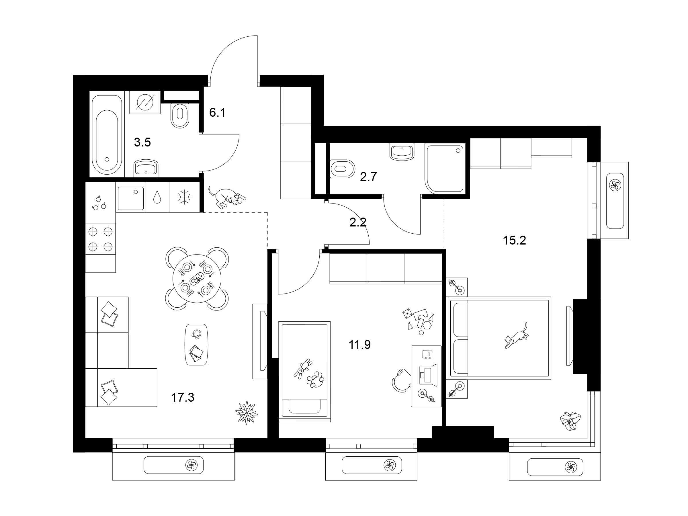 Планировка: 2-комн. квартира 58.90 м² в новостройке Середневский лес