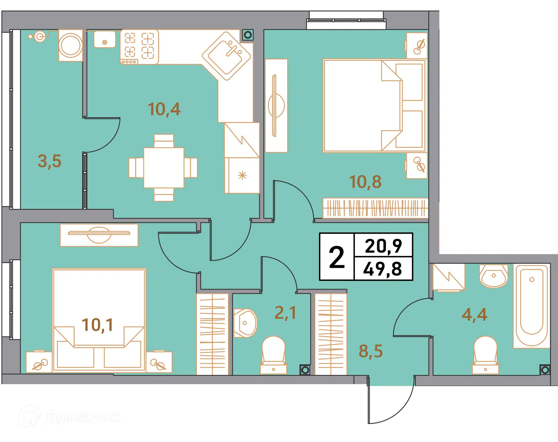 Планировка: 2-комн. квартира 49.80 м² в новостройке Фруктовый сад