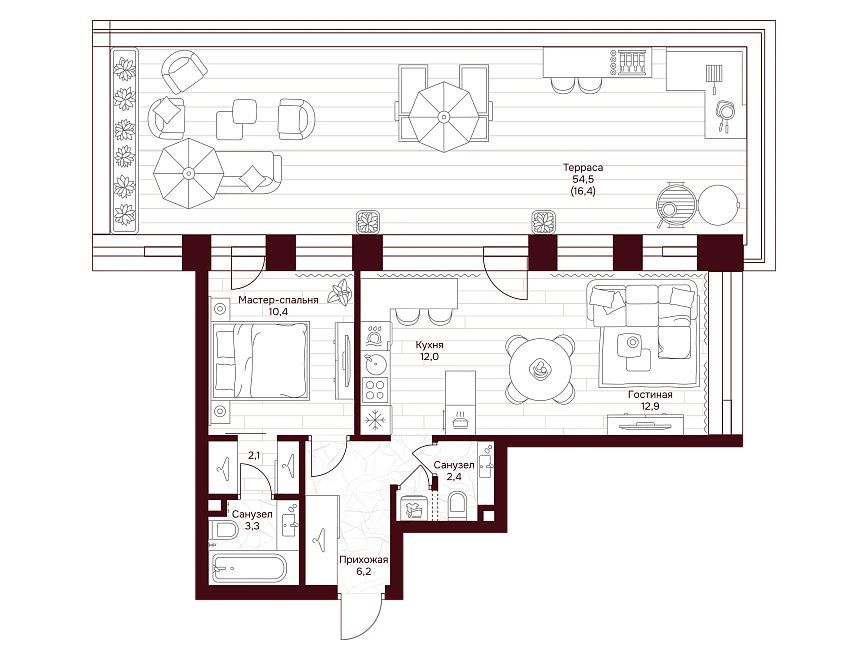 Планировка: 1-комн. квартира 70.10 м² в новостройке Дом 7 Даниловский