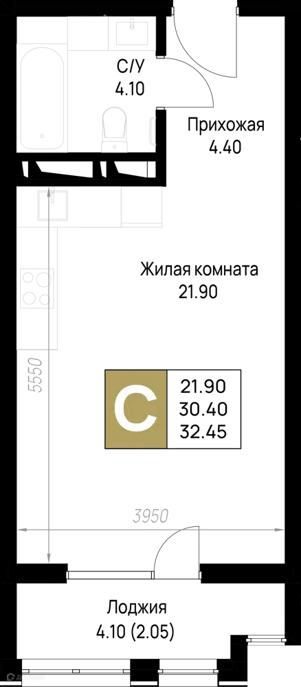 Планировка: Студия 32.45 м² в новостройке На Высоком берегу
