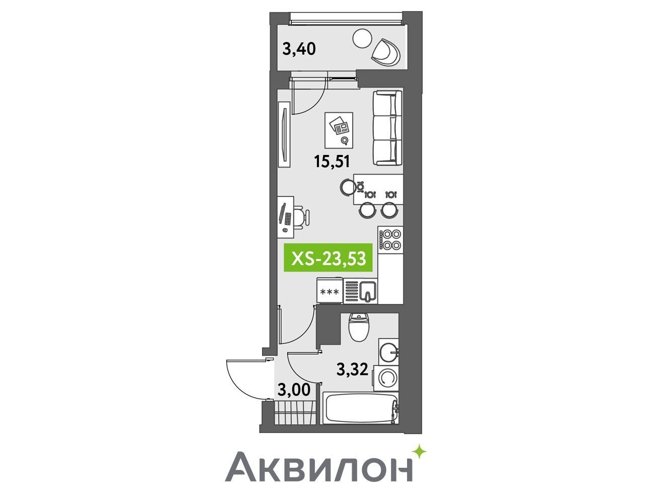 Планировка: Студия 24.70 м² в новостройке Аквилон Лив