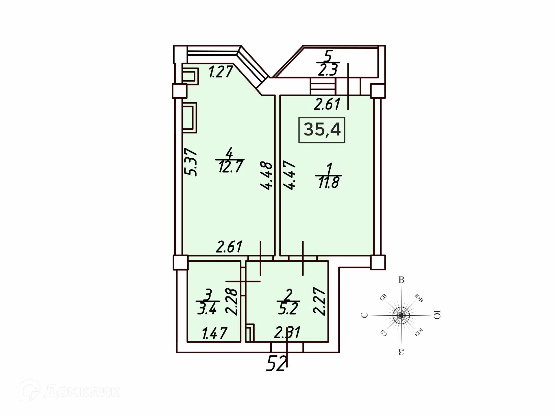 Планировка: 1-комн. квартира 35.40 м² в новостройке Кленовая роща