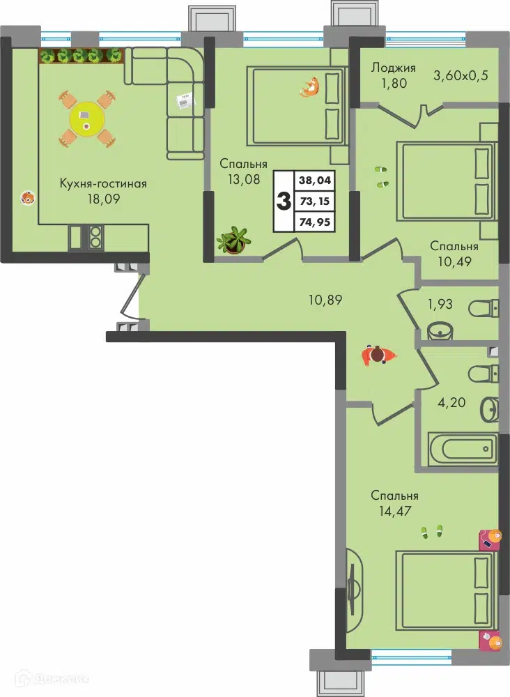 Планировка: 3-комн. квартира 75.00 м² в новостройке Зелёная территория