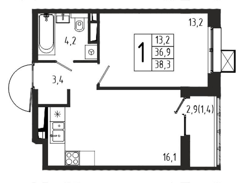 Планировка: 1-комн. квартира 38.30 м² в новостройке Берег