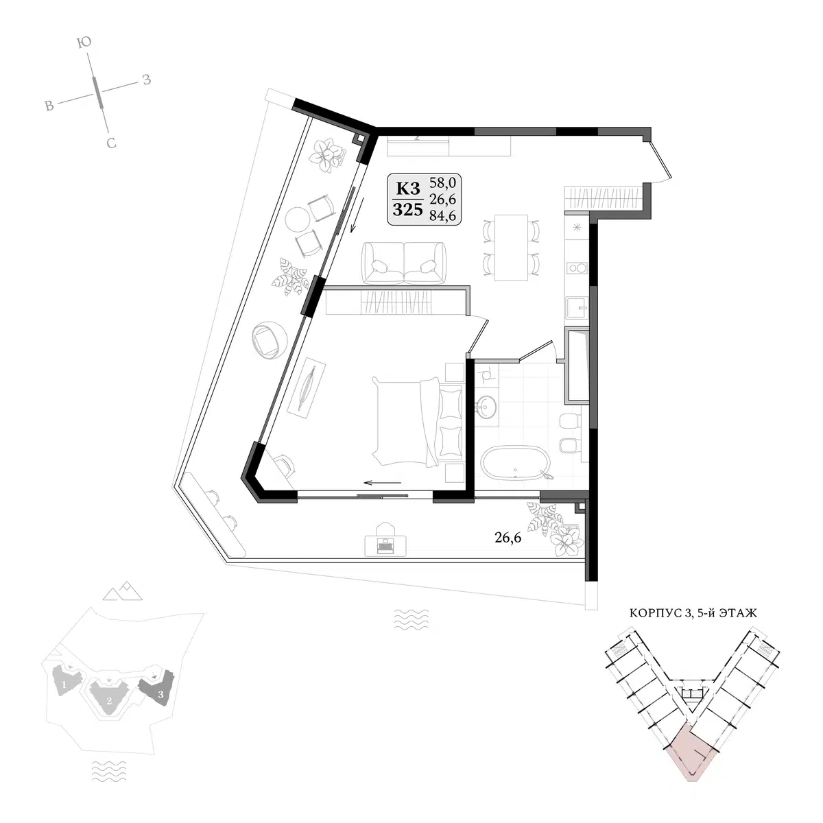 Планировка: 1-комн. квартира 84.60 м² в новостройке Апарт-комплекс Летто