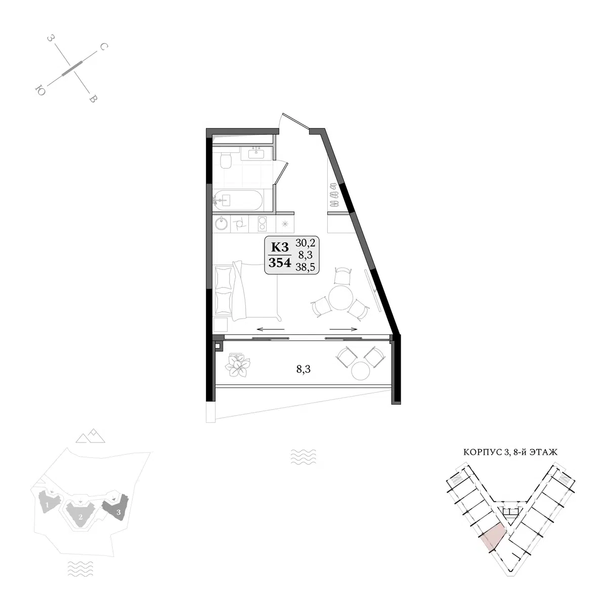 Планировка: Студия 38.50 м² в новостройке Апарт-комплекс Летто