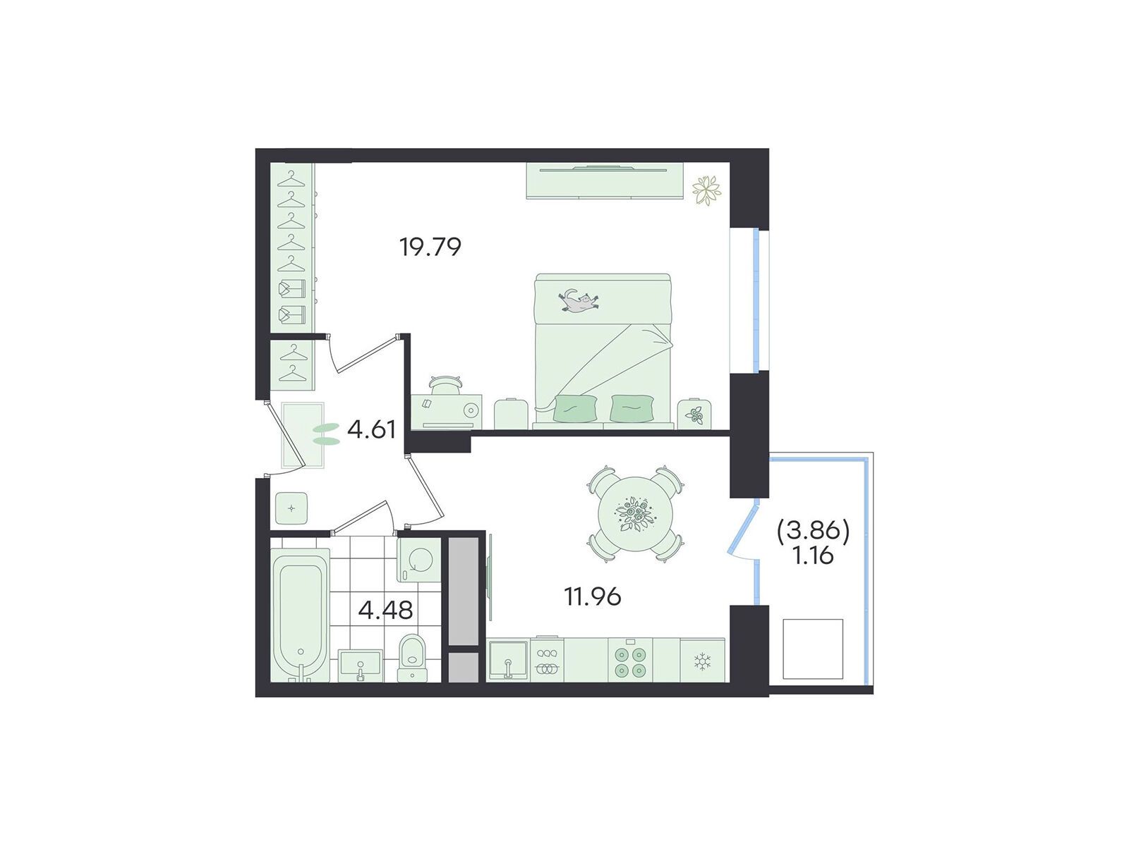 Планировка: 1-комн. квартира 42.00 м² в новостройке Джи Три Новый Весенний