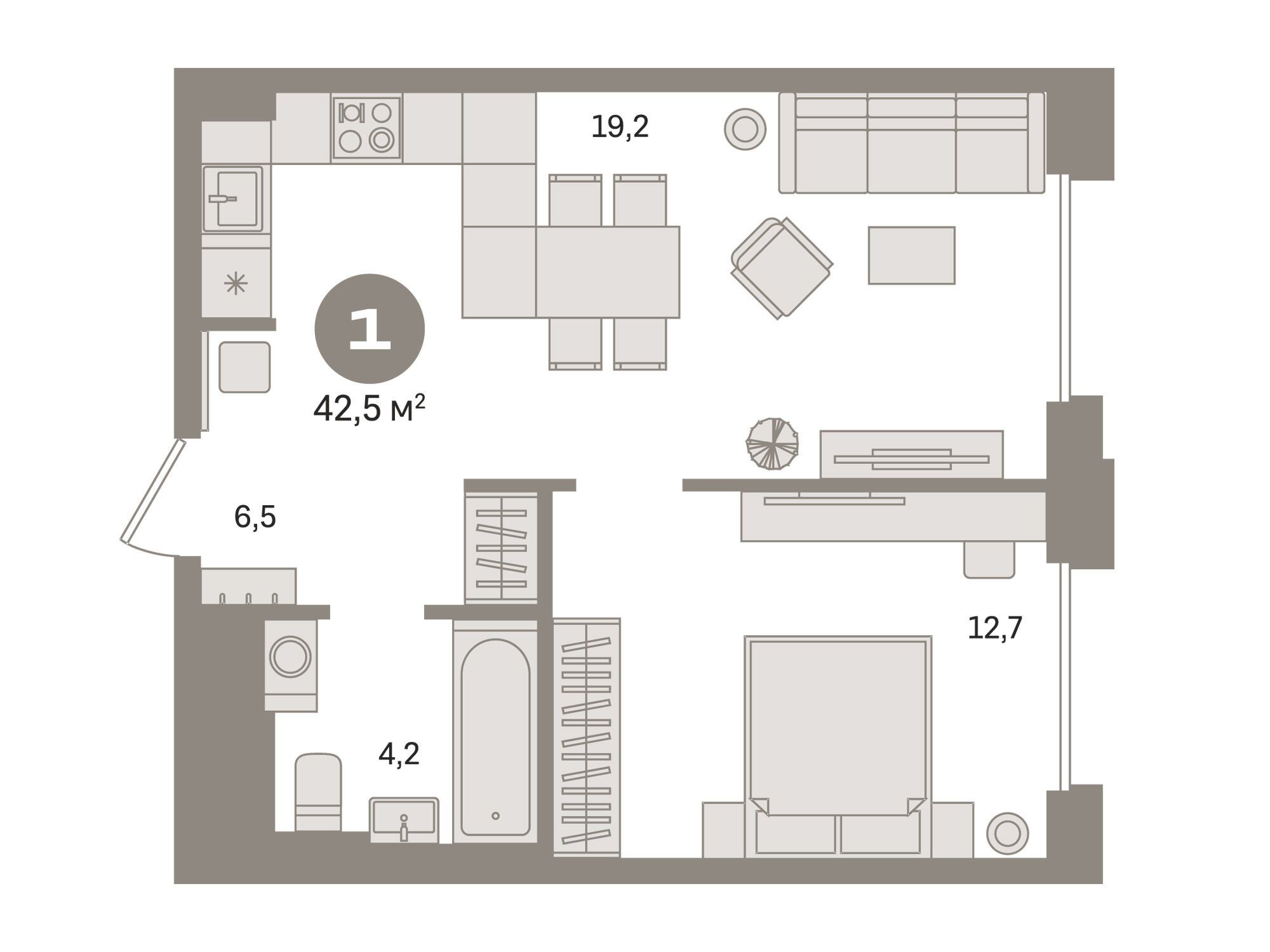 Планировка: 1-комн. квартира 42.50 м² в новостройке Квартал Герцена
