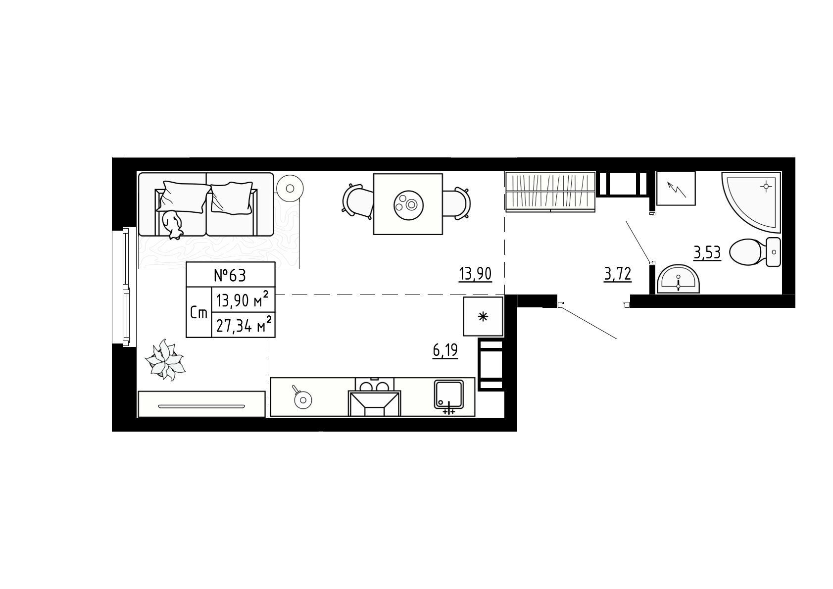 Планировка: Студия 27.34 м² в новостройке Аннино Сити