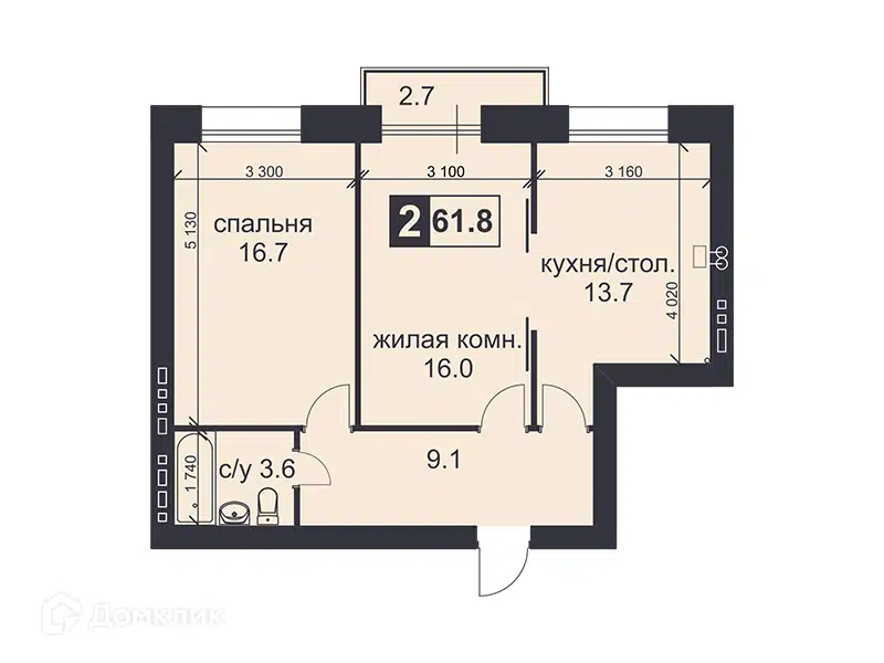 Планировка: 2-комн. квартира 61.80 м² в новостройке Михайловский
