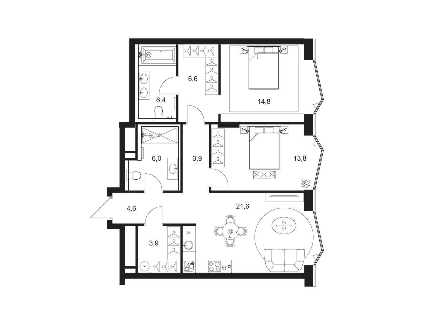 Планировка: 2-комн. квартира 81.60 м² в новостройке А.Резиденс