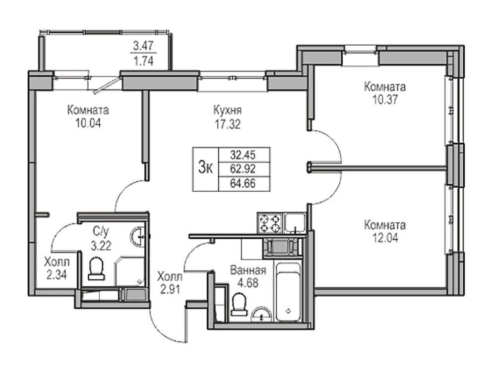 Планировка: 4-комн. квартира 64.66 м² в новостройке Юнтолово