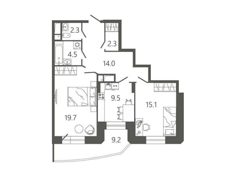 Планировка: 2-комн. квартира 70.20 м² в новостройке Мессиер 18