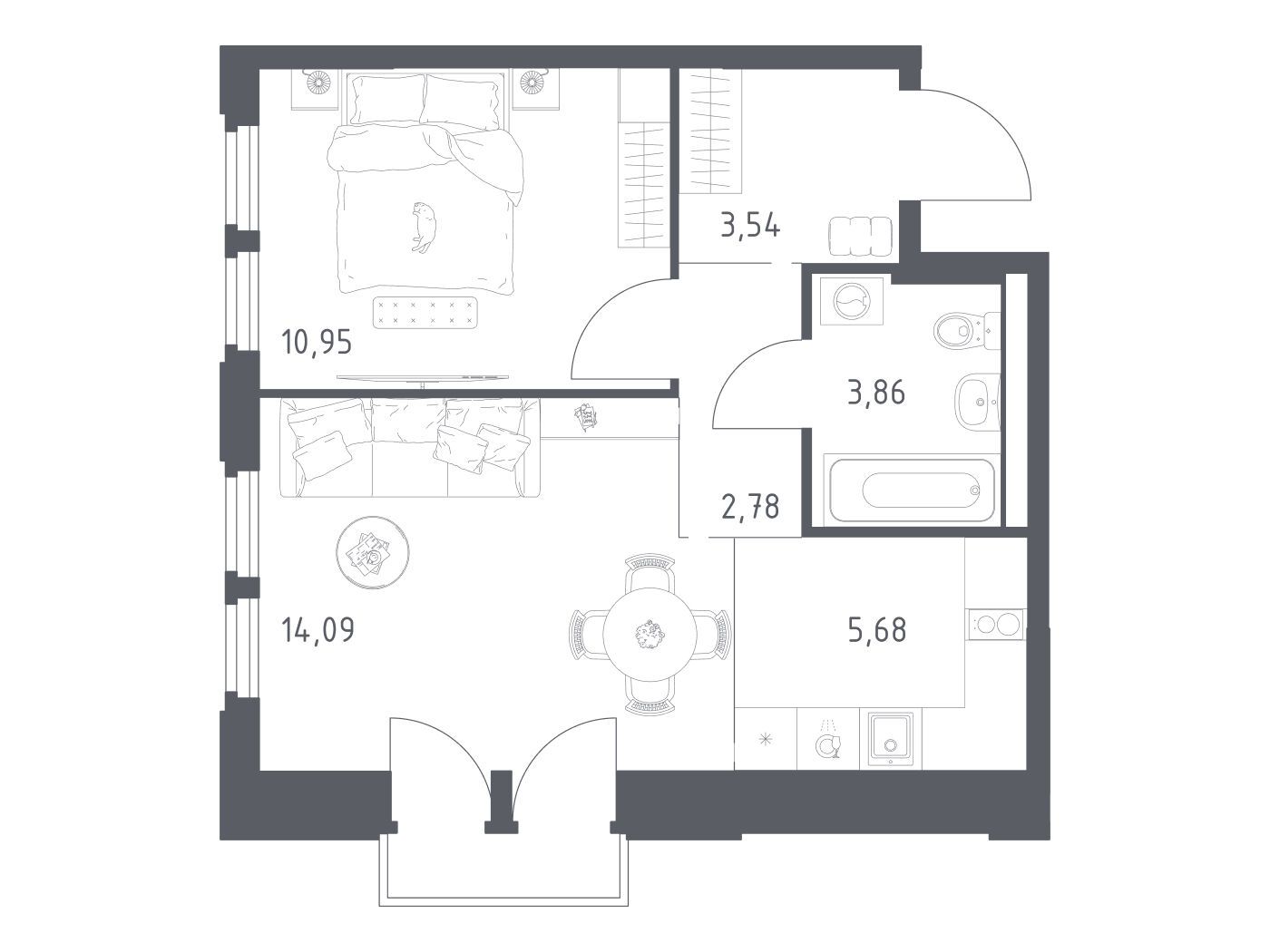 Планировка: 1-комн. квартира 40.90 м² в новостройке Космический квартал