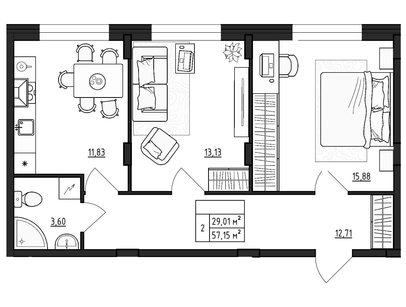 Планировка: 2-комн. квартира 57.15 м² в новостройке Верево-Сити