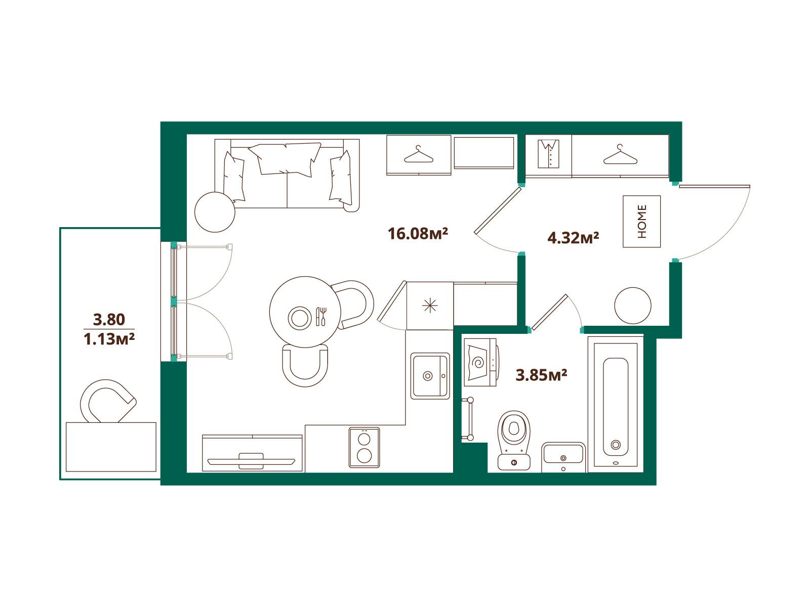 Планировка: Студия 25.38 м² в новостройке ЛесАрт