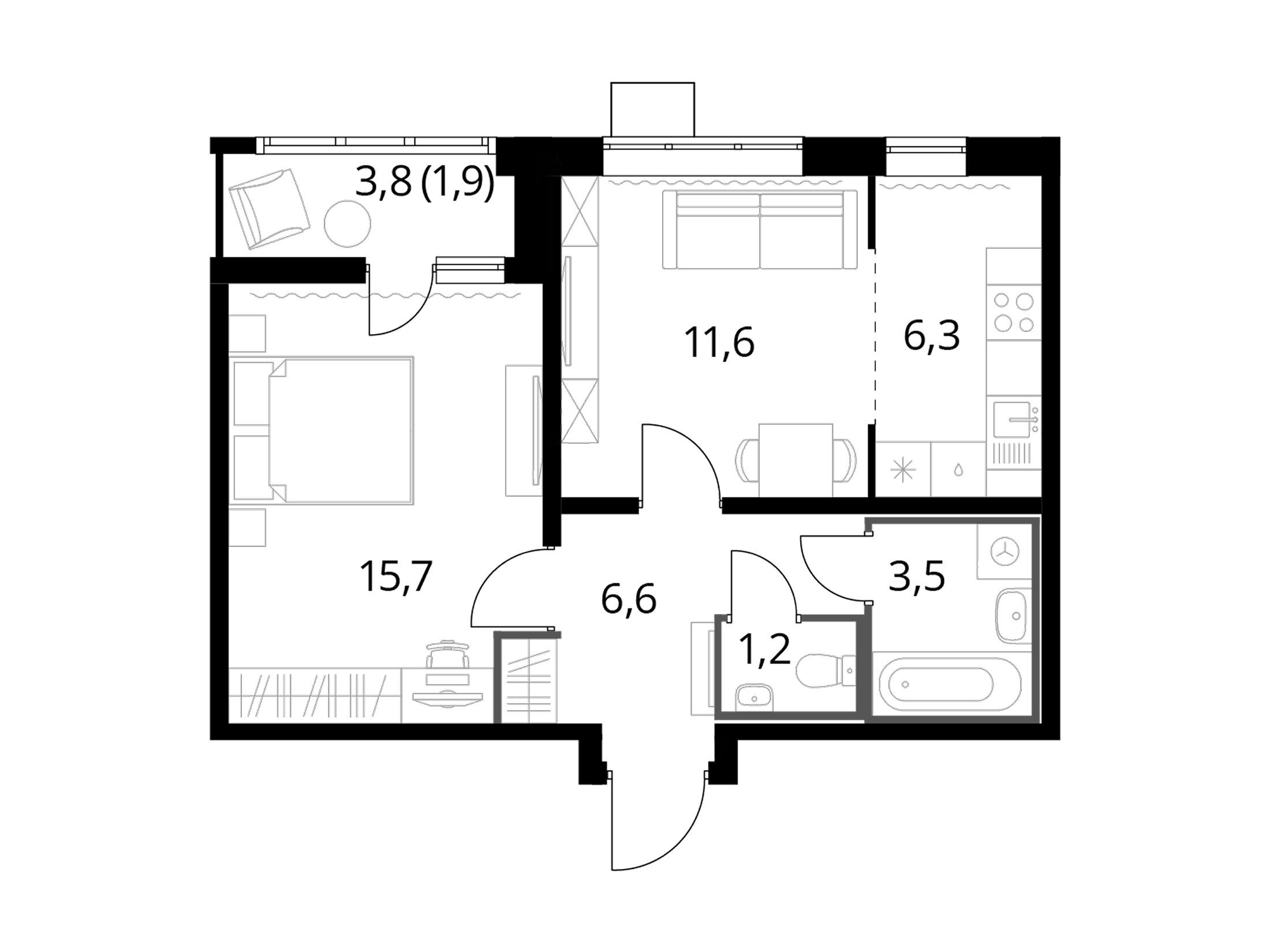 Планировка: 2-комн. квартира 46.90 м² в новостройке 1-й Лермонтовский