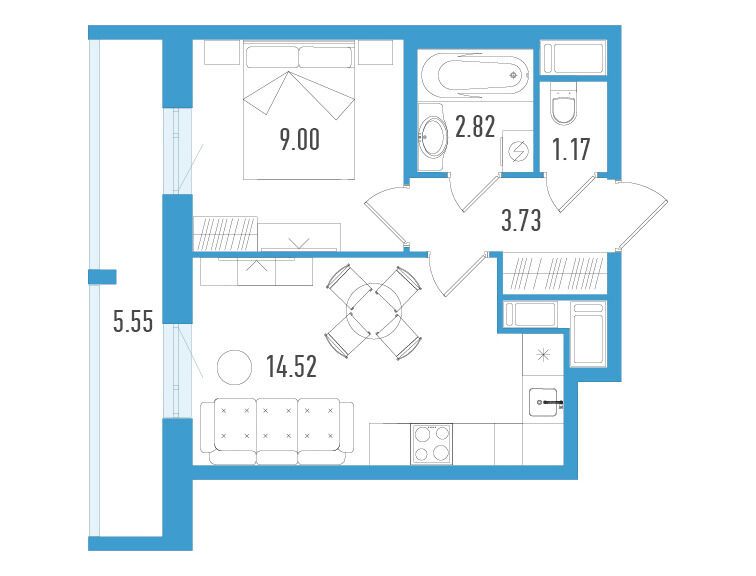 Планировка: 1-комн. квартира 32.91 м² в новостройке ЖК Южный форт