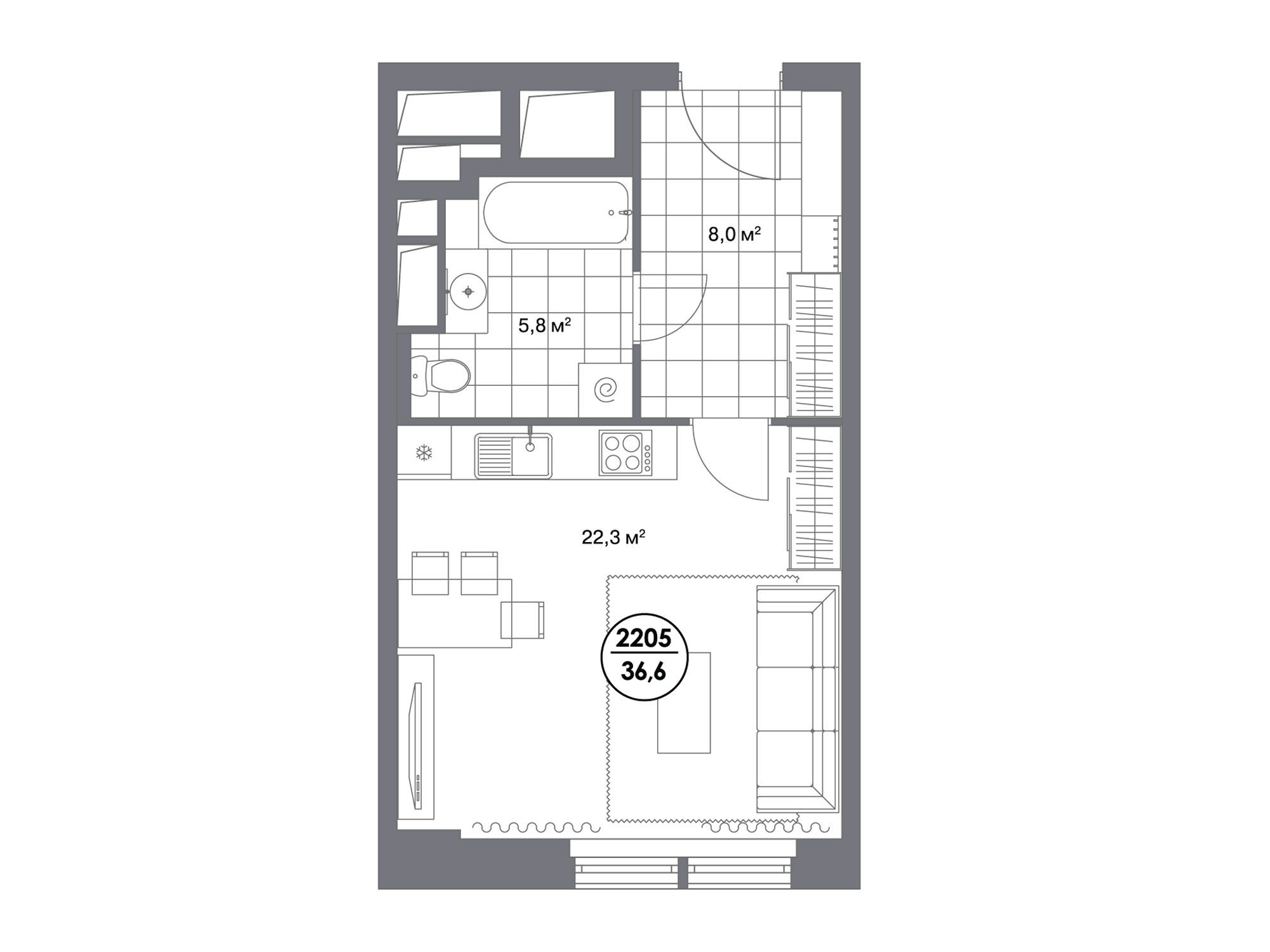Планировка: Студия 36.60 м² в новостройке Матч Поинт