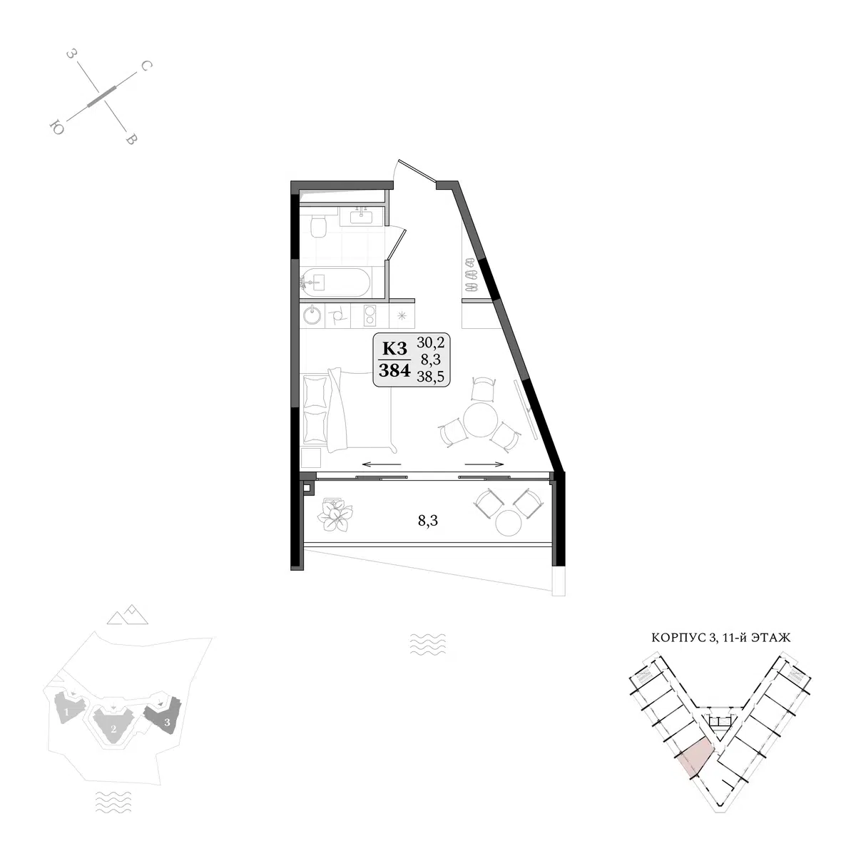 Планировка: Студия 38.50 м² в новостройке Апарт-комплекс Летто
