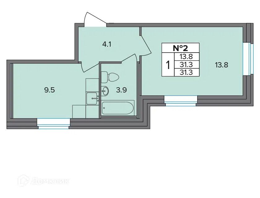 Планировка: 1-комн. квартира 31.30 м² в новостройке Капральский