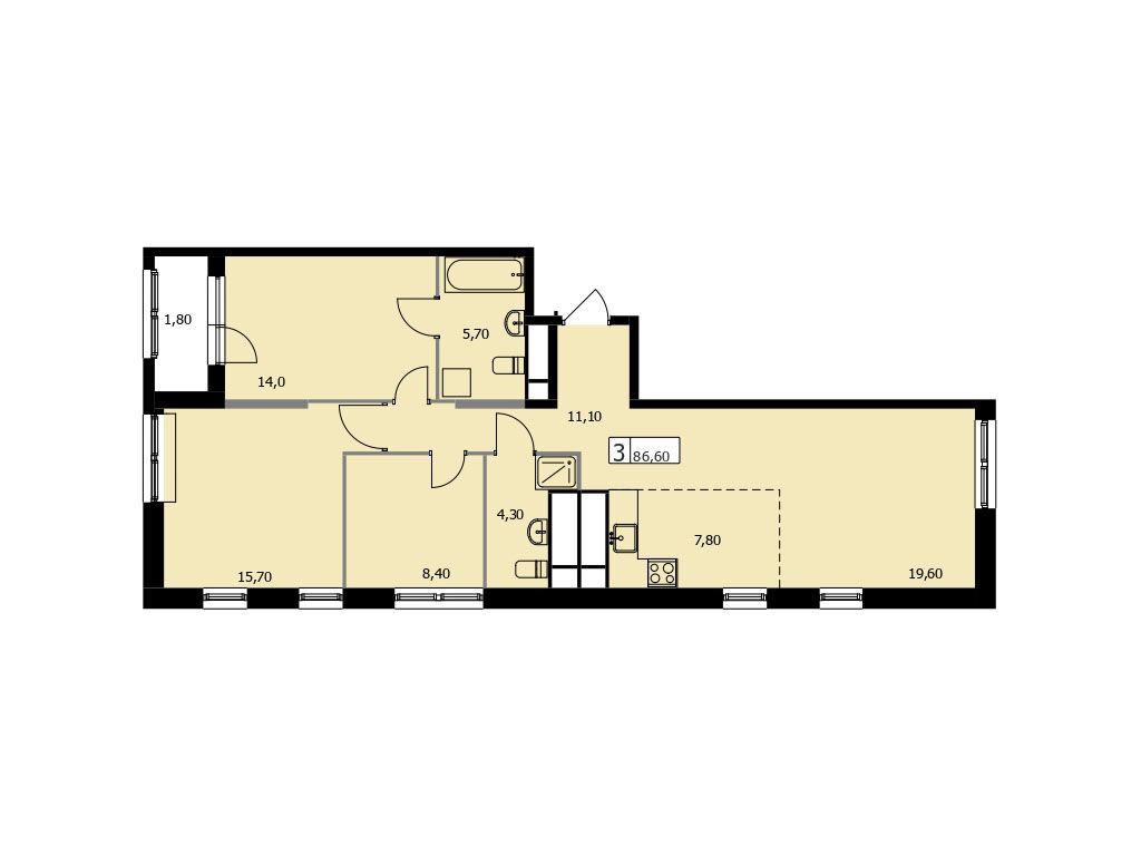 Планировка: 3-комн. квартира 86.60 м² в новостройке Парковый квартал Селф