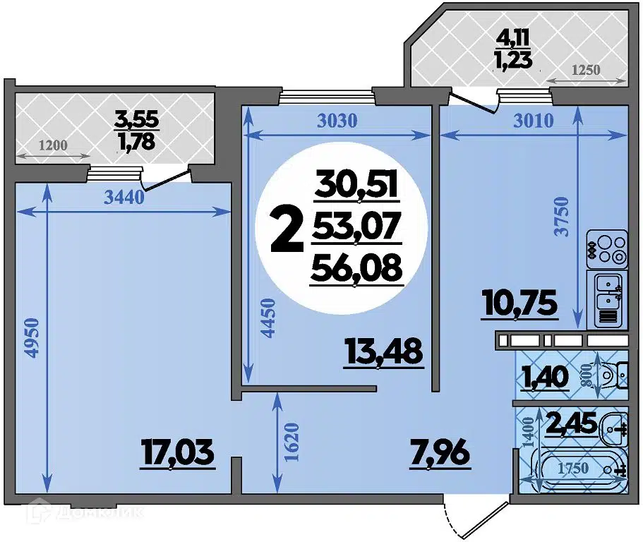 Планировка: 2-комн. квартира 56.08 м² в новостройке Южная долина