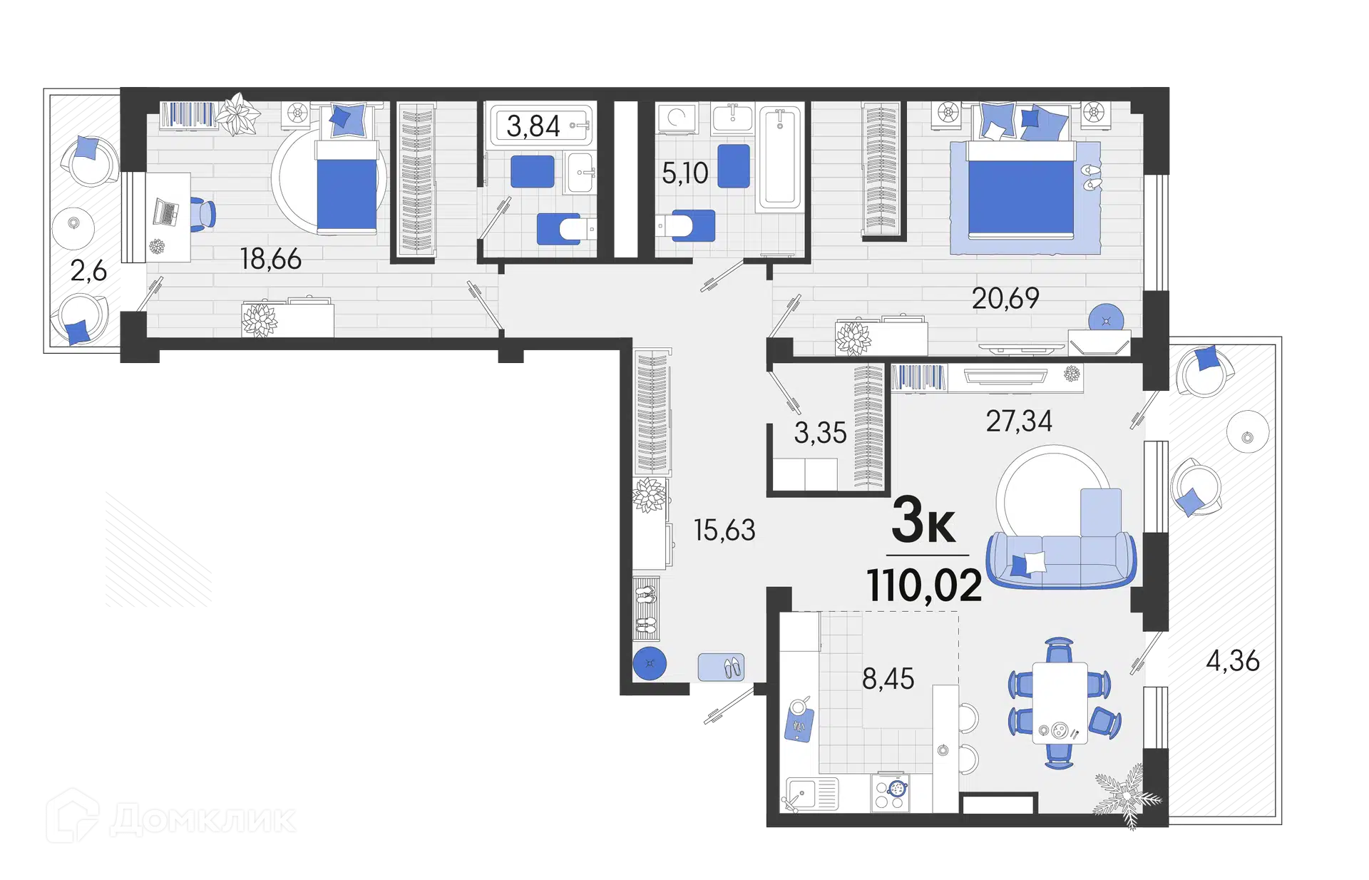 Планировка: 3-комн. квартира 110.70 м² в новостройке Белые Росы