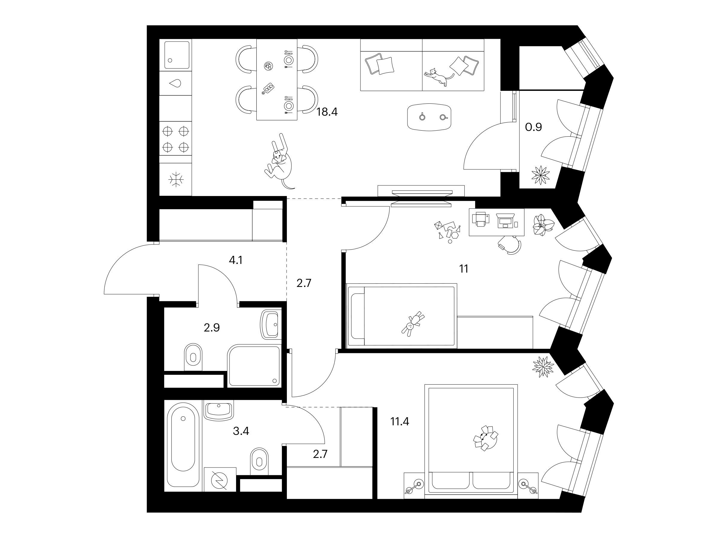 Планировка: 2-комн. квартира 57.50 м² в новостройке Мичуринский парк