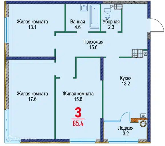 Планировка: 3-комн. квартира 85.40 м² в новостройке Красный Металлист