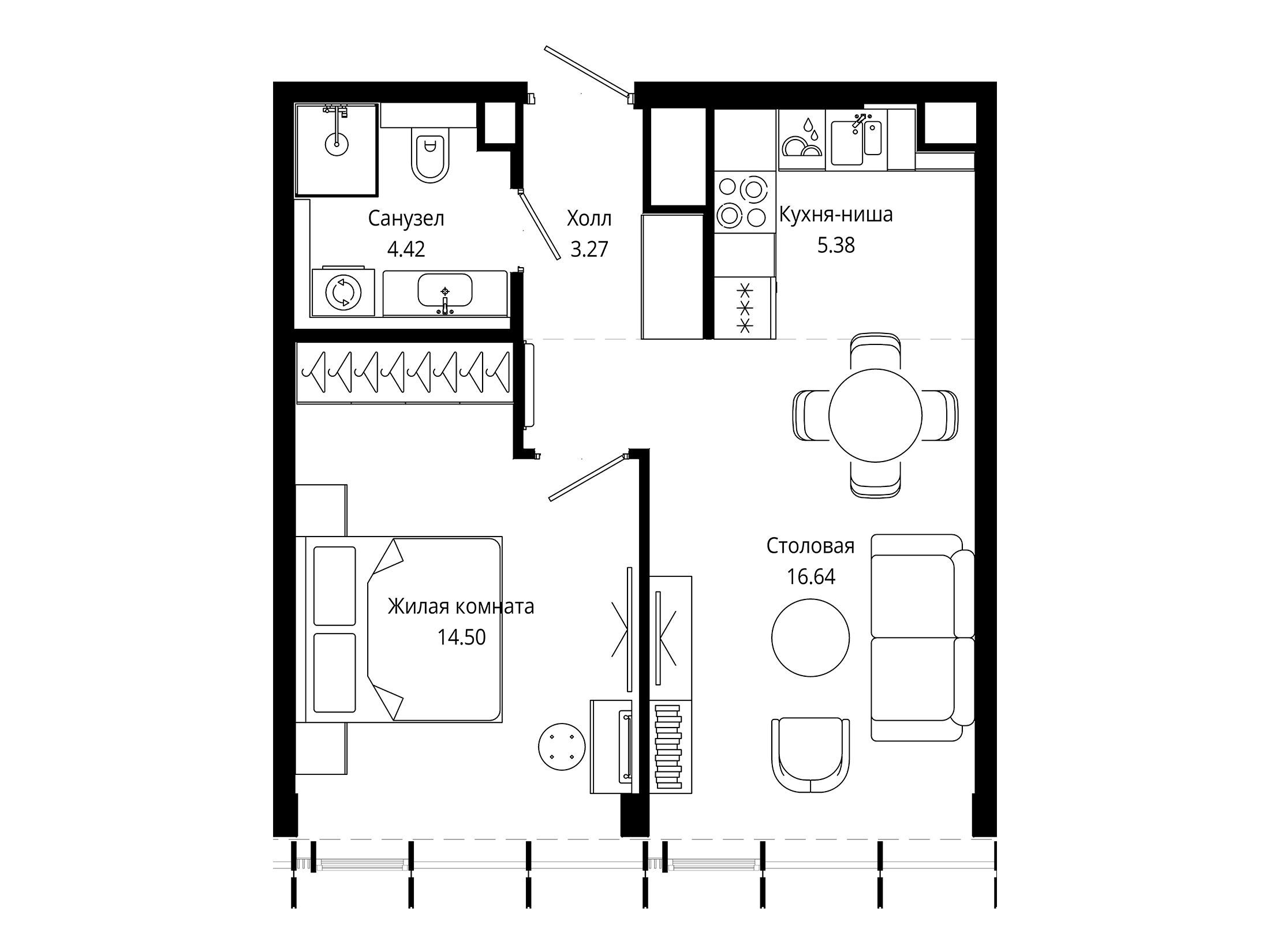 Планировка: 1-комн. квартира 44.10 м² в новостройке Мод