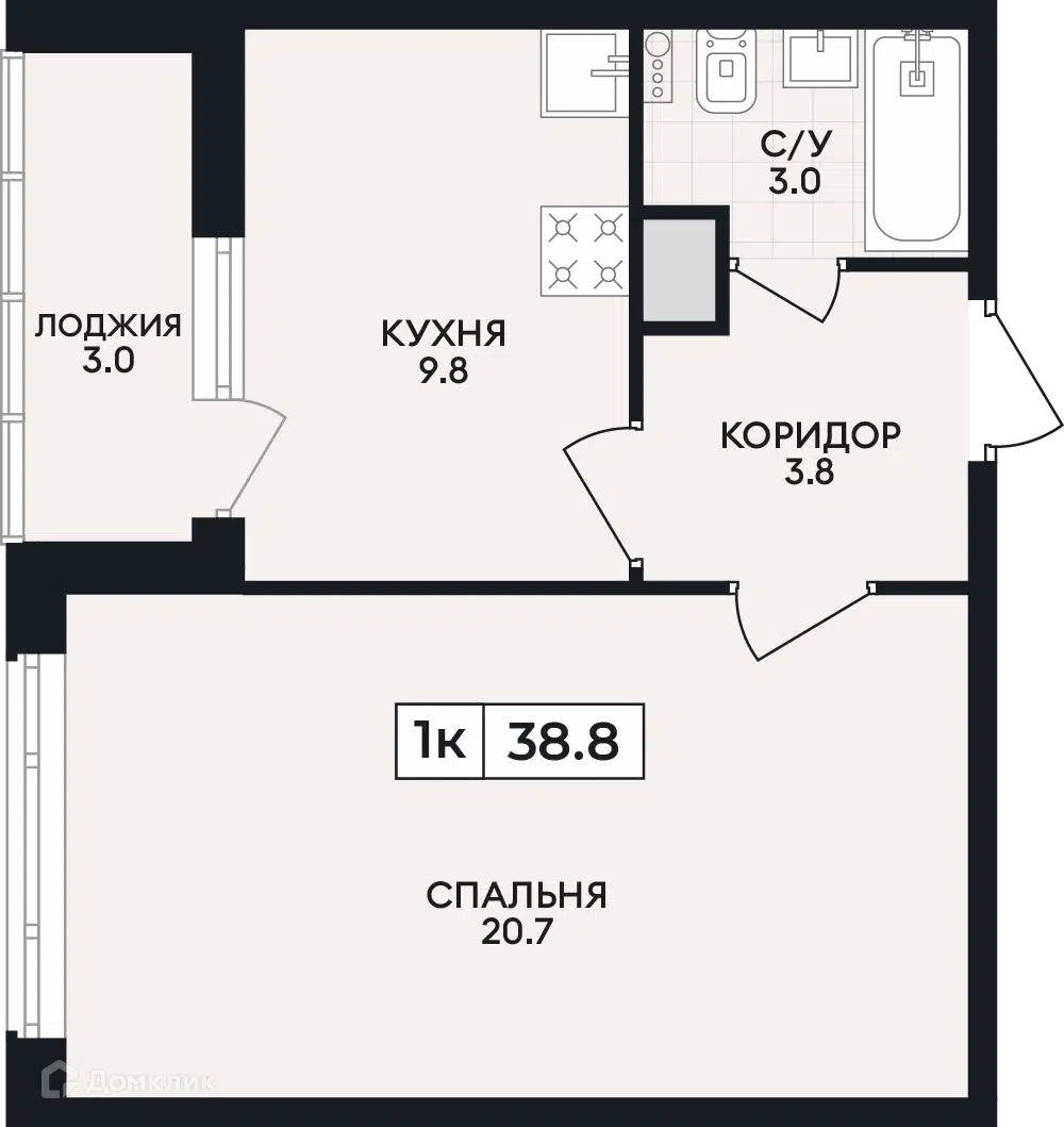 Планировка: 1-комн. квартира 38.80 м² в новостройке На проспекте Ленина, 86А