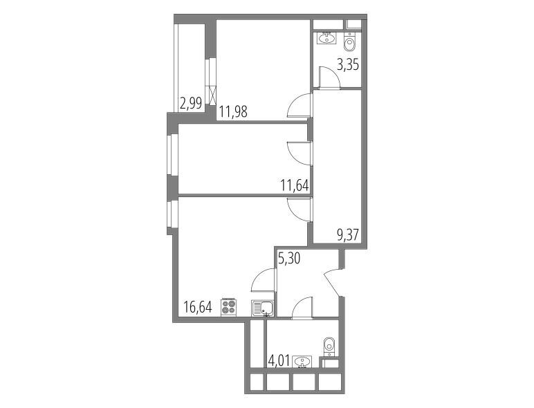 Планировка: 3-комн. квартира 63.79 м² в новостройке Внуково Парк