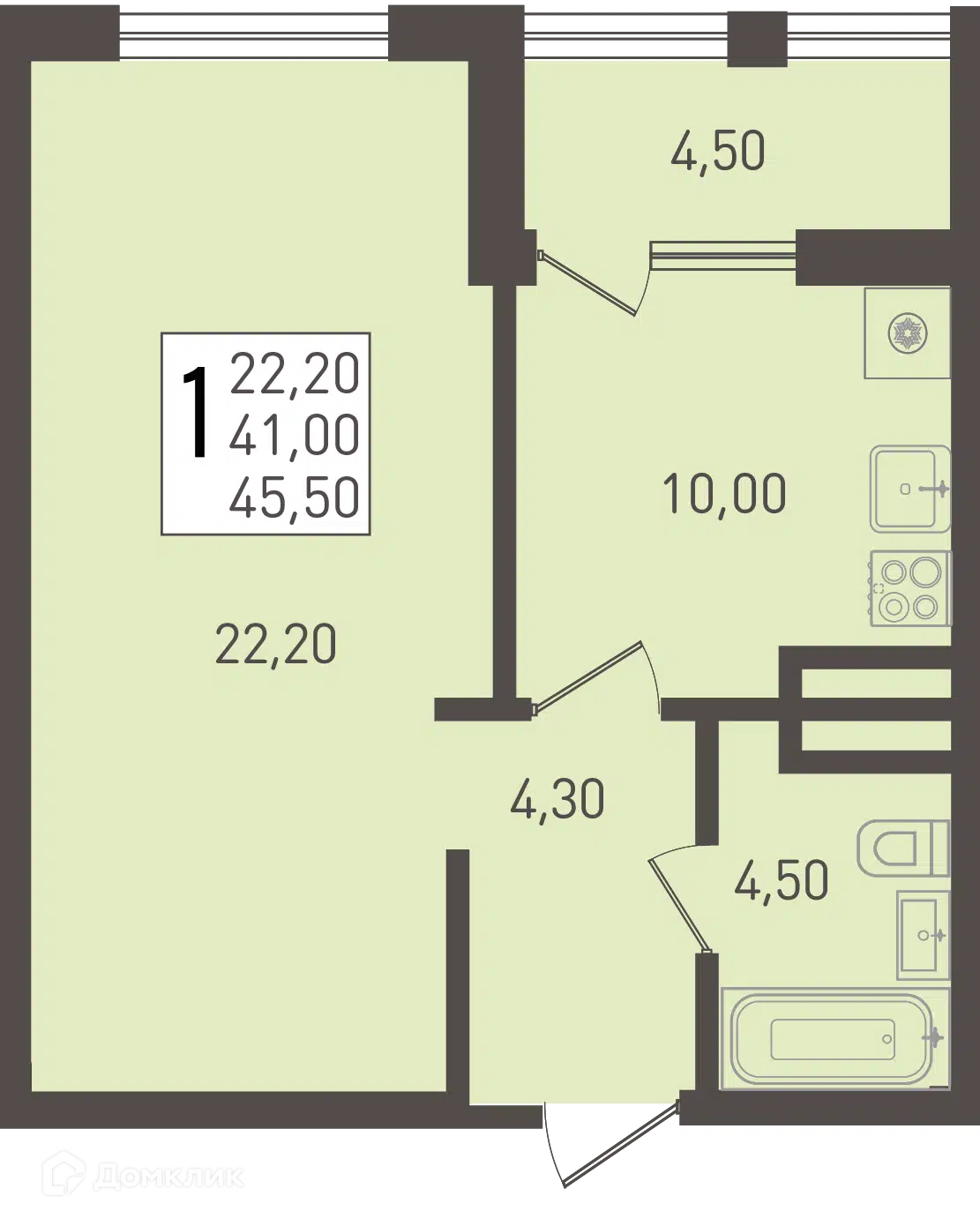 Планировка: 1-комн. квартира 45.50 м² в новостройке Югге